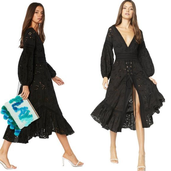 Misa Los Angeles Althea Cover Up Black Cotton Eyelet Lace Midi Dress Size XS - Picture 11 of 11